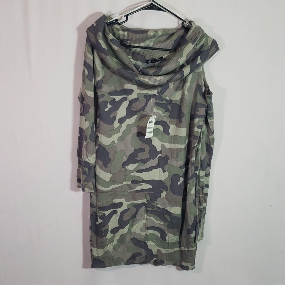 INC Camo Off Shoulder Cutout Tunic Top Green Medium Casual Chic (AI)